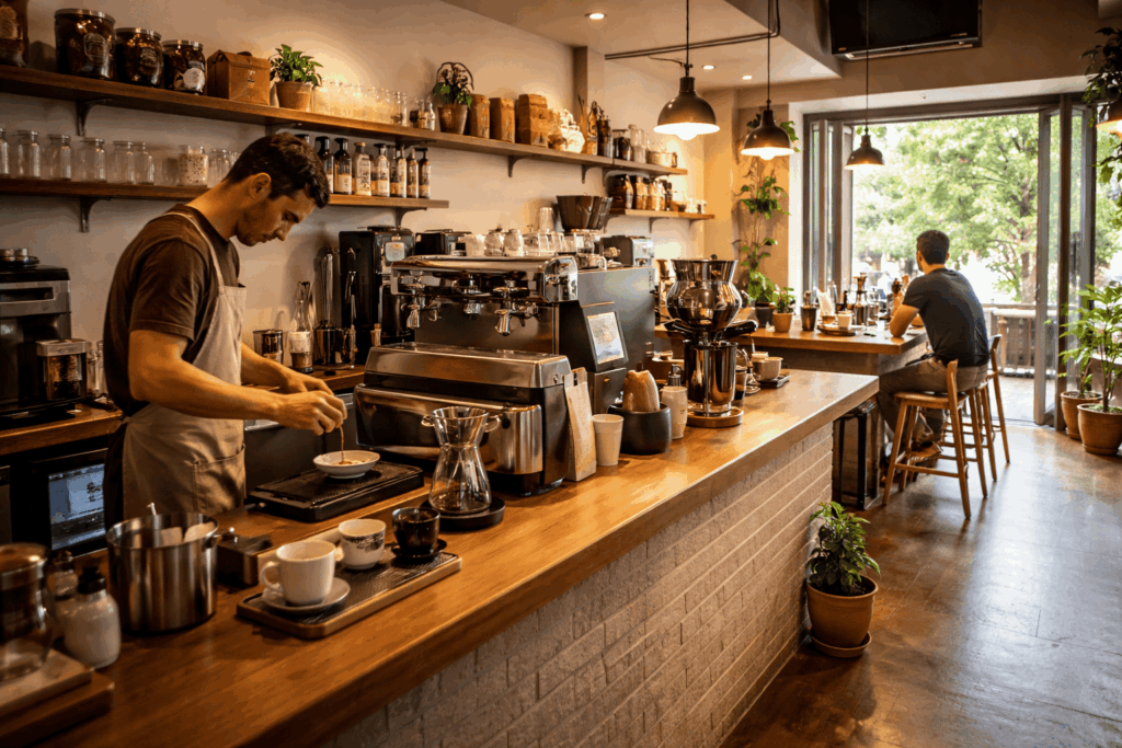 Barista preparando café de especialidad en un pequeño bar